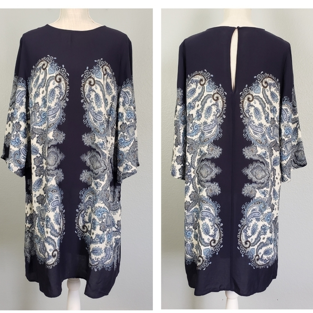 H&M Paisley Print Shift Dress Viscose Boho Lightweight Blue Sz 14